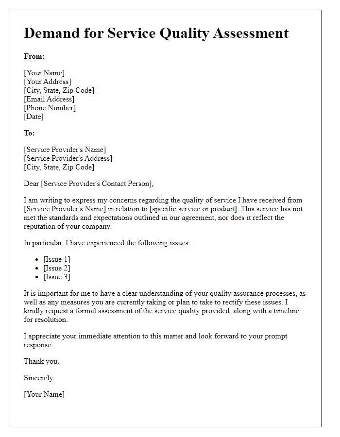 Letter template of demand for service quality assessment