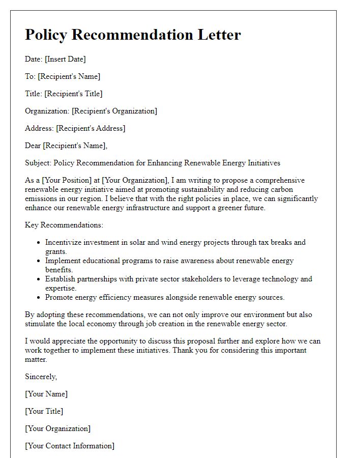 Letter template of policy recommendation for renewable energy initiative