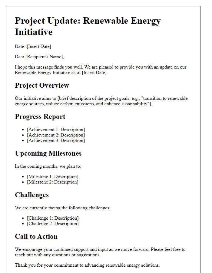 Letter template of project update for renewable energy initiative