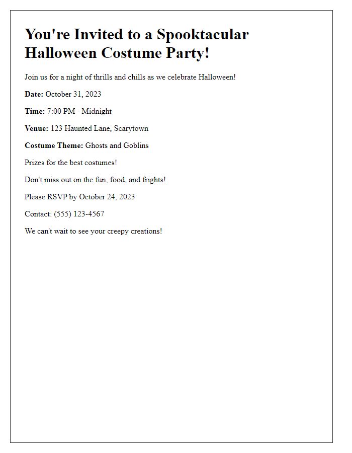 Letter template of costume Halloween party invite