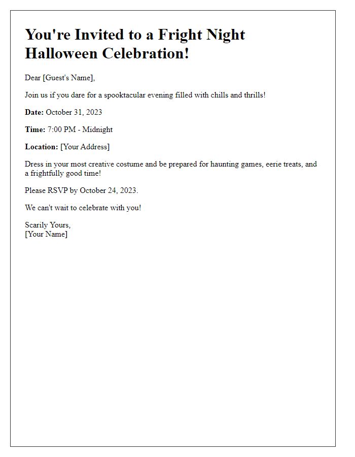 Letter template of fright night Halloween celebration invitation