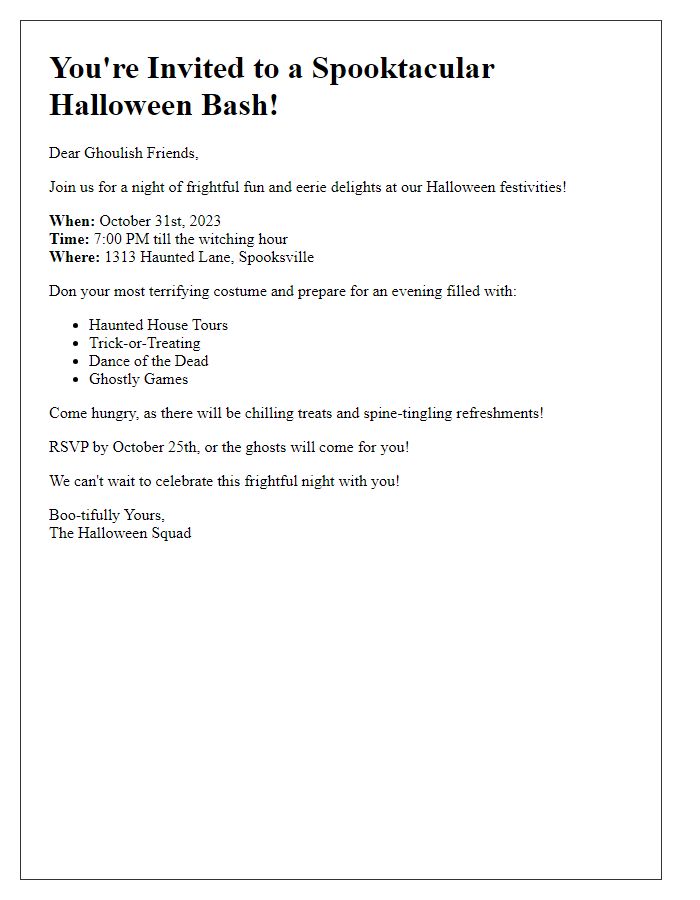 Letter template of frightful Halloween festivities invitation