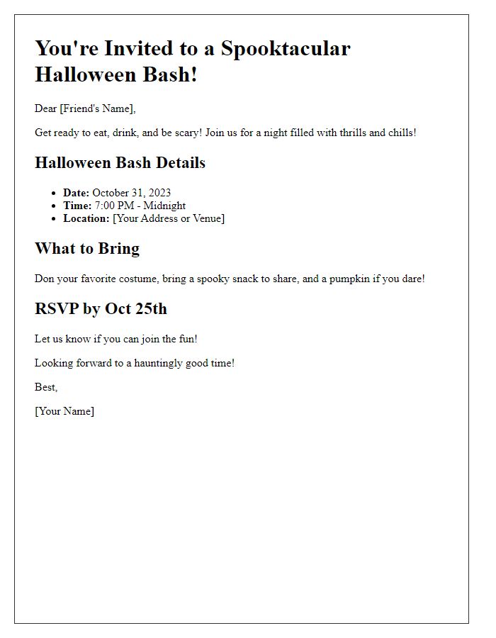 Letter template of fun Halloween bash invitation