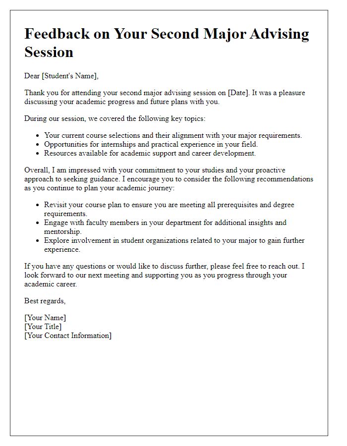 Letter template of feedback after second major advising session