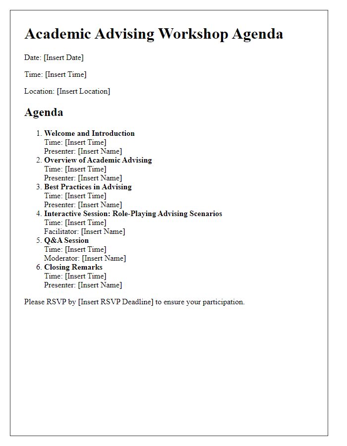 Letter template of agenda for academic advising workshop session