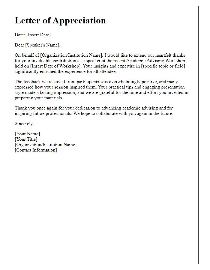 Letter template of appreciation for academic advising workshop speakers