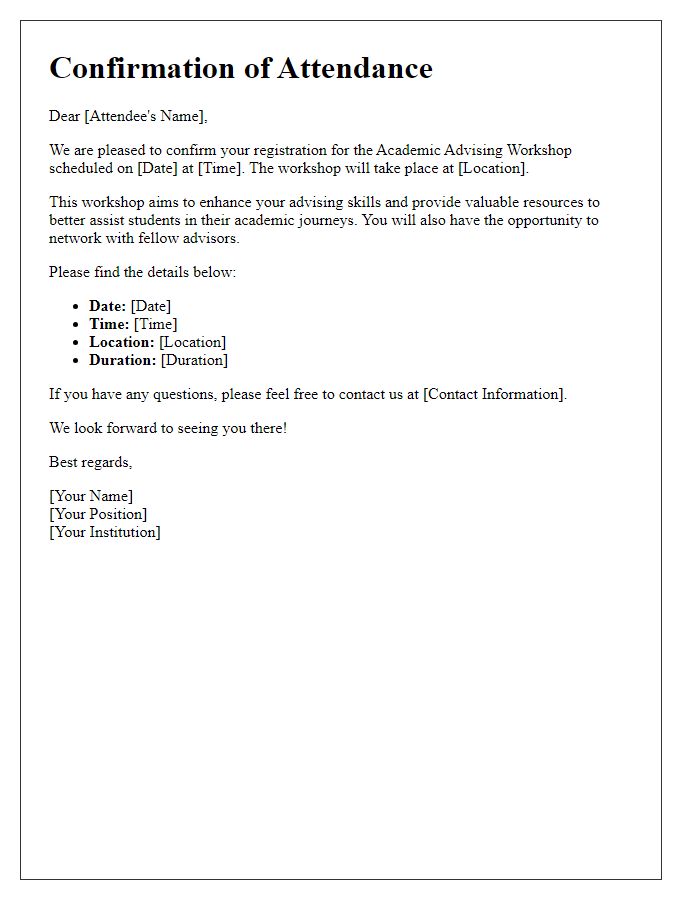 Letter template of confirmation for academic advising workshop attendees