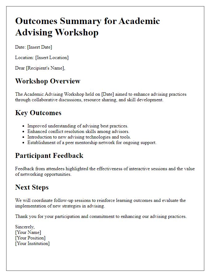 Letter template of outcomes summary for academic advising workshop