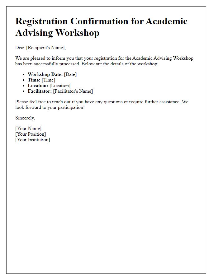 Letter template of registration for academic advising workshop