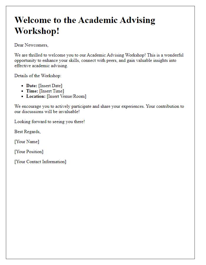 Letter template of welcome for academic advising workshop newcomers