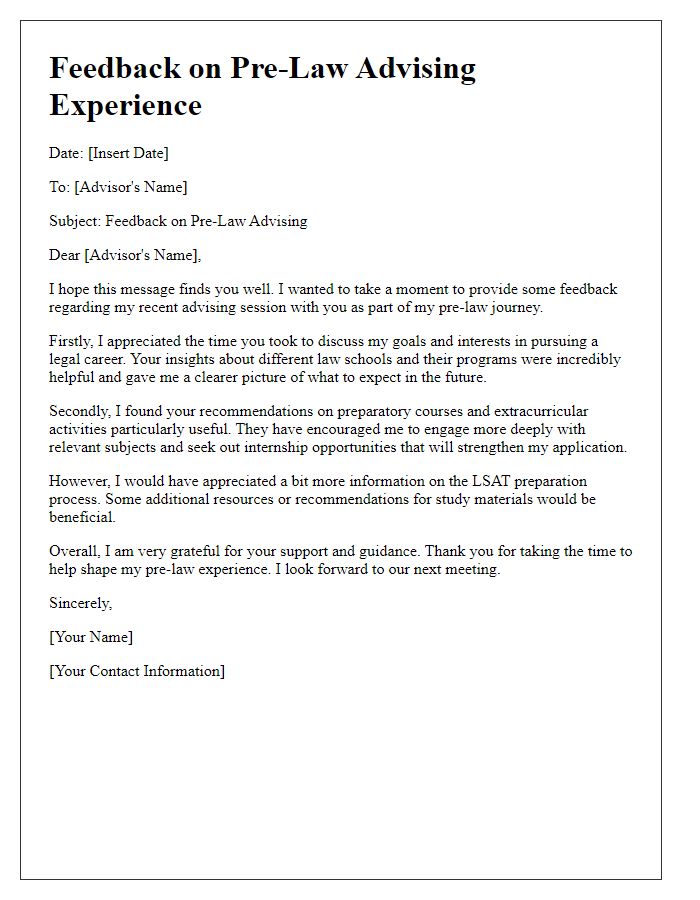 Letter template of feedback on pre-law advising experience.