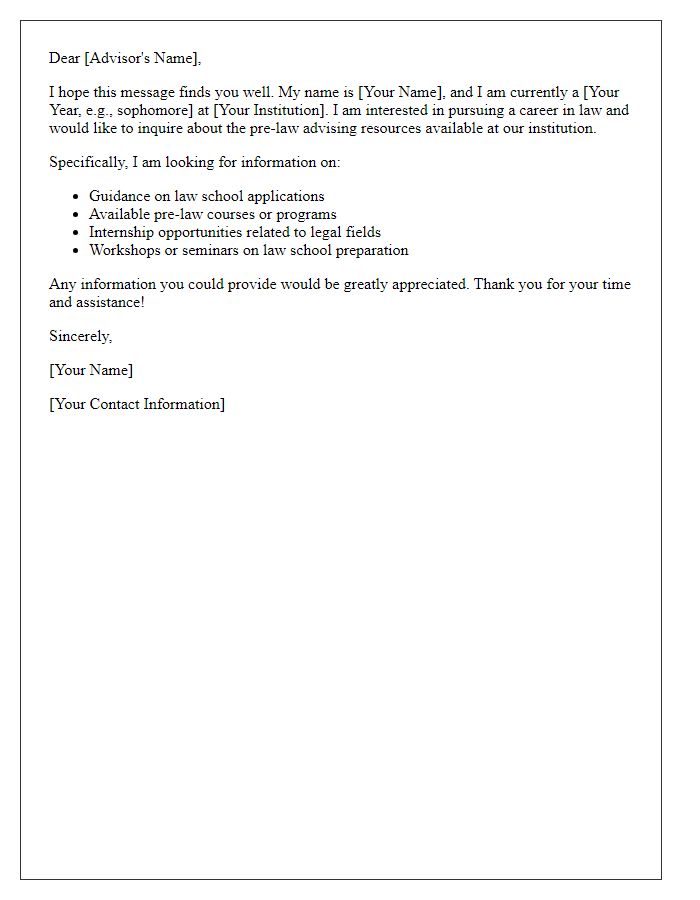 Letter template of inquiry about pre-law advising resources.