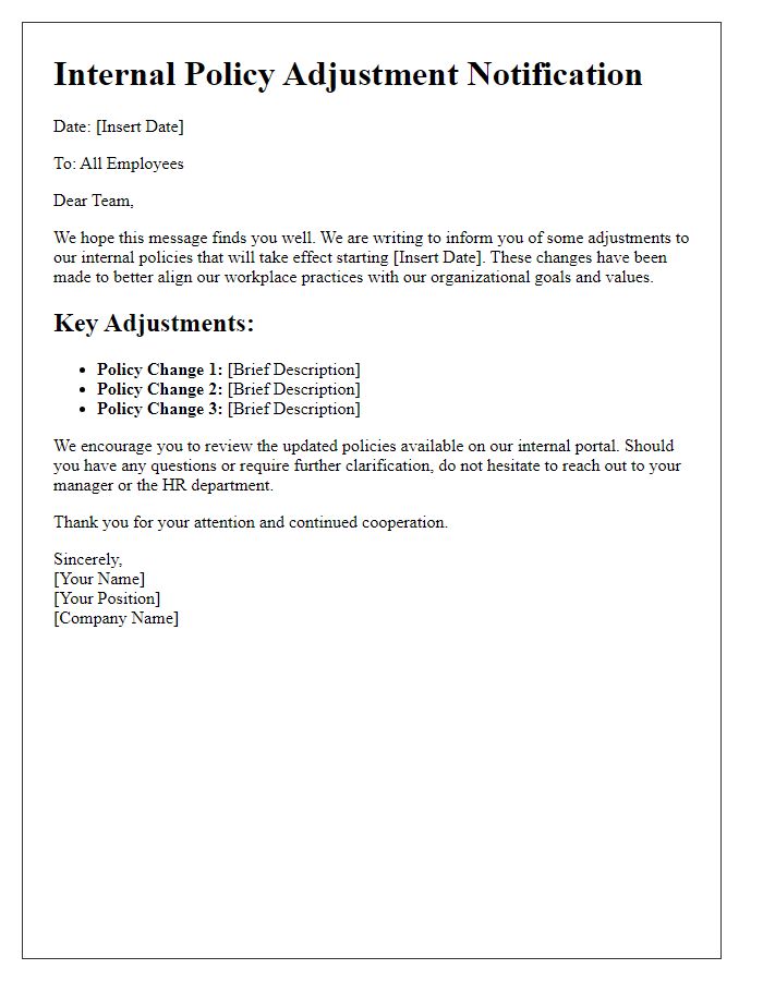 Letter template of adjustments to internal policy for employees