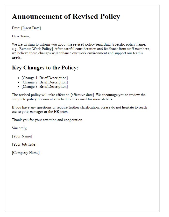 Letter template of revised policy announcement for staff members