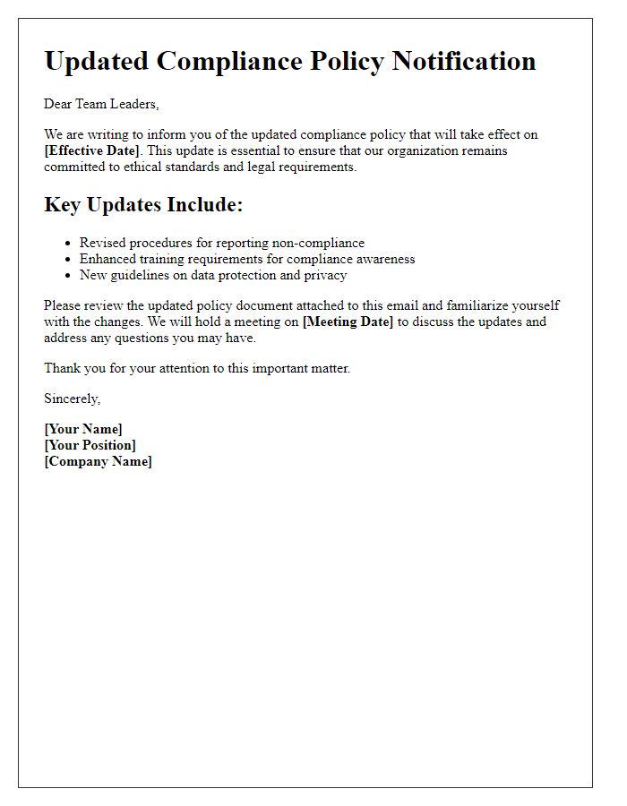 Letter template of updated compliance policy for team leaders