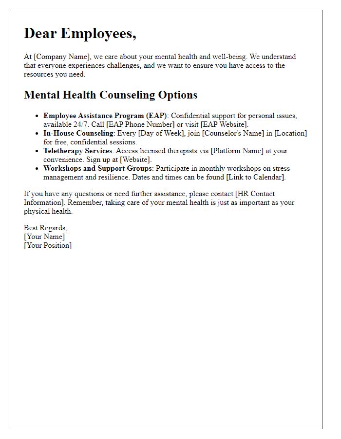 Letter template of mental health counseling options for employees.