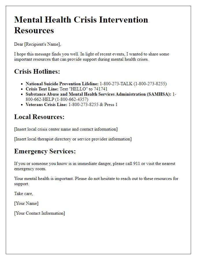 Letter template of mental health crisis intervention resources.