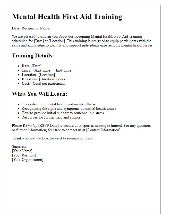 Letter template of mental health first aid training information.