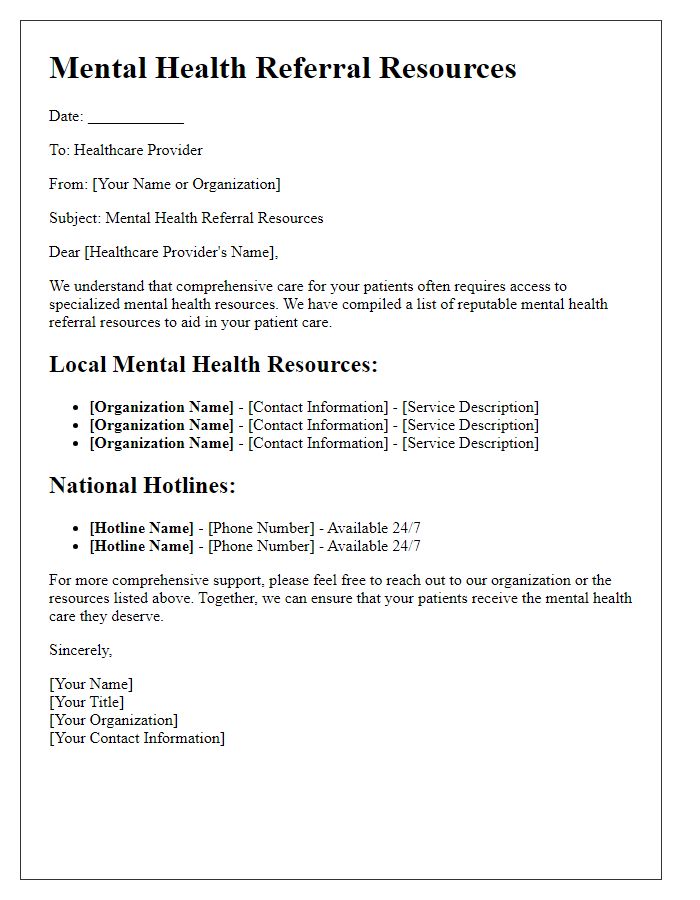 Letter template of mental health referral resources for healthcare providers.