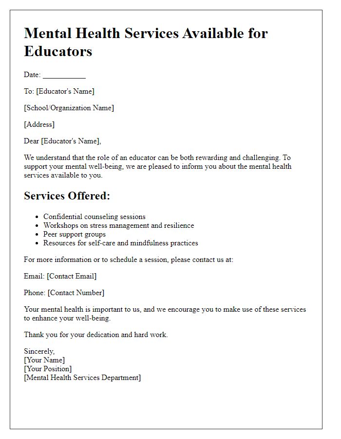 Letter template of mental health services for educators.