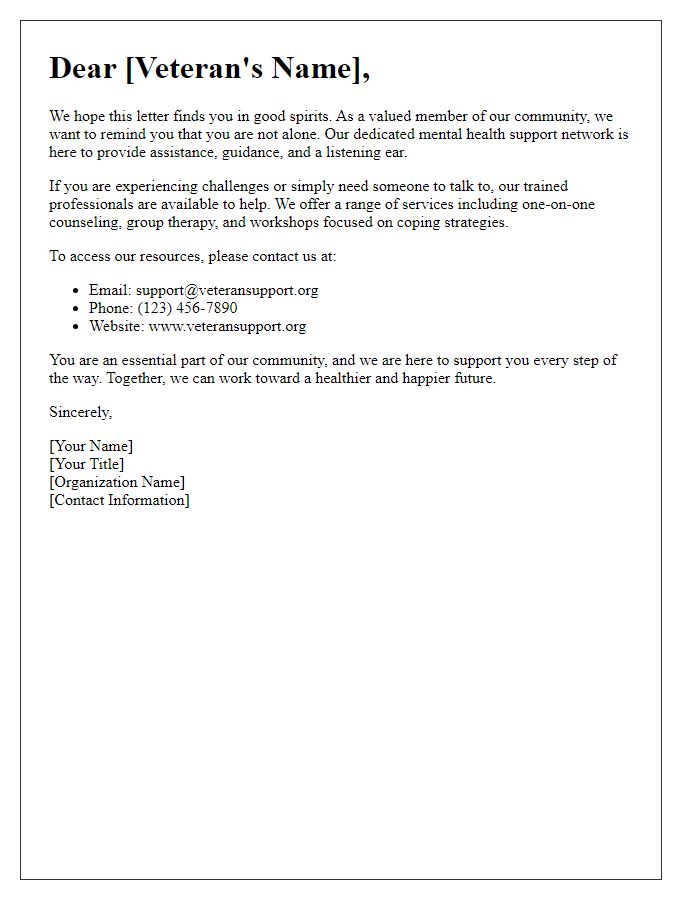 Letter template of mental health support networks for veterans.