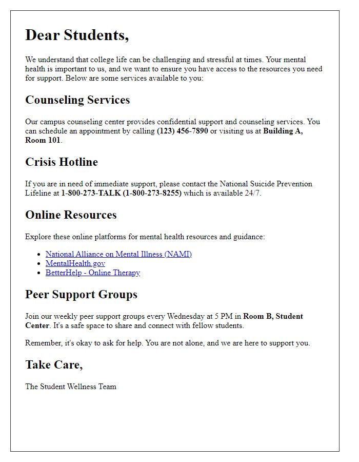 Letter template of mental health support resources for students.