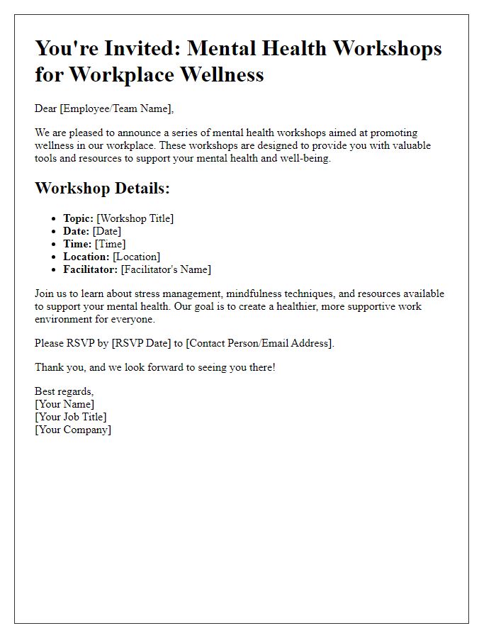 Letter template of mental health workshops for workplace wellness.