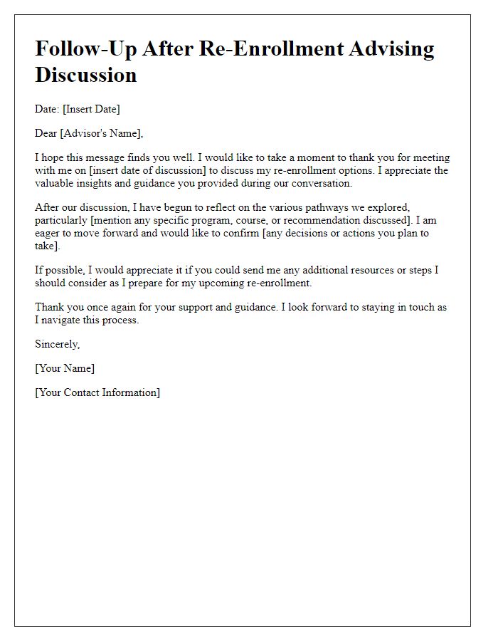 Letter template of follow-up after re-enrollment advising discussion