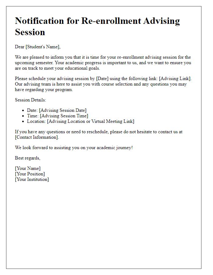 Letter template of notification for re-enrollment advising session