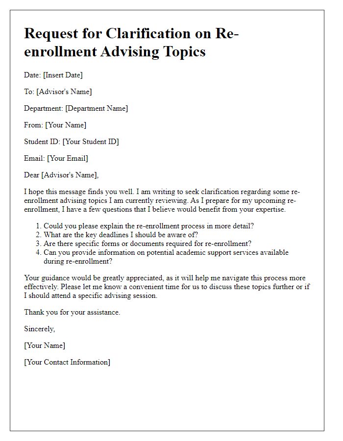 Letter template of seeking clarification on re-enrollment advising topics