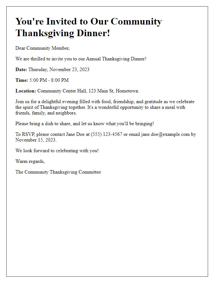 Letter template of Thanksgiving dinner invitation for a community event.