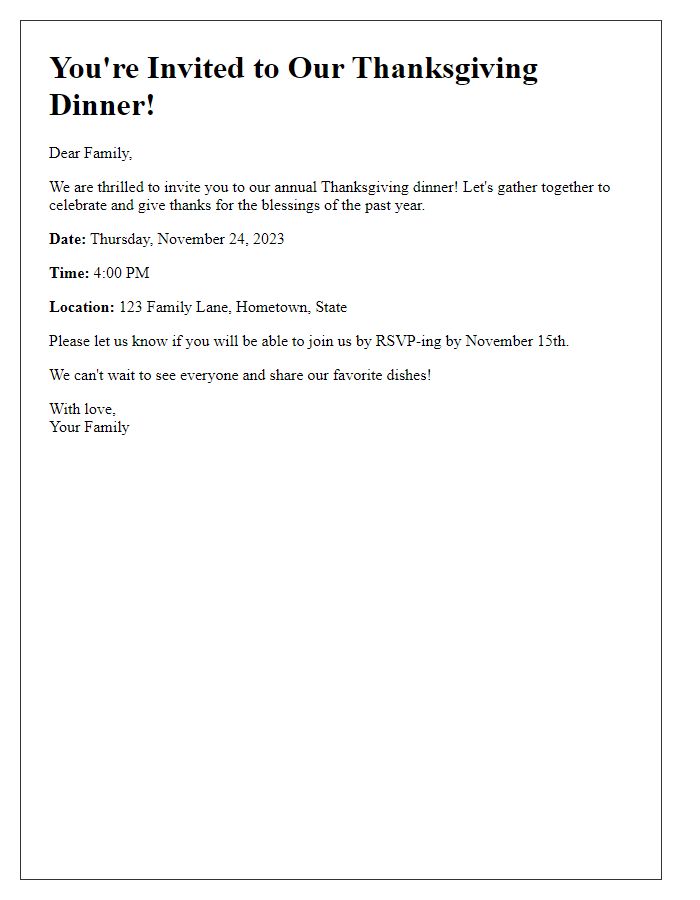 Letter template of Thanksgiving dinner invitation for family gathering.