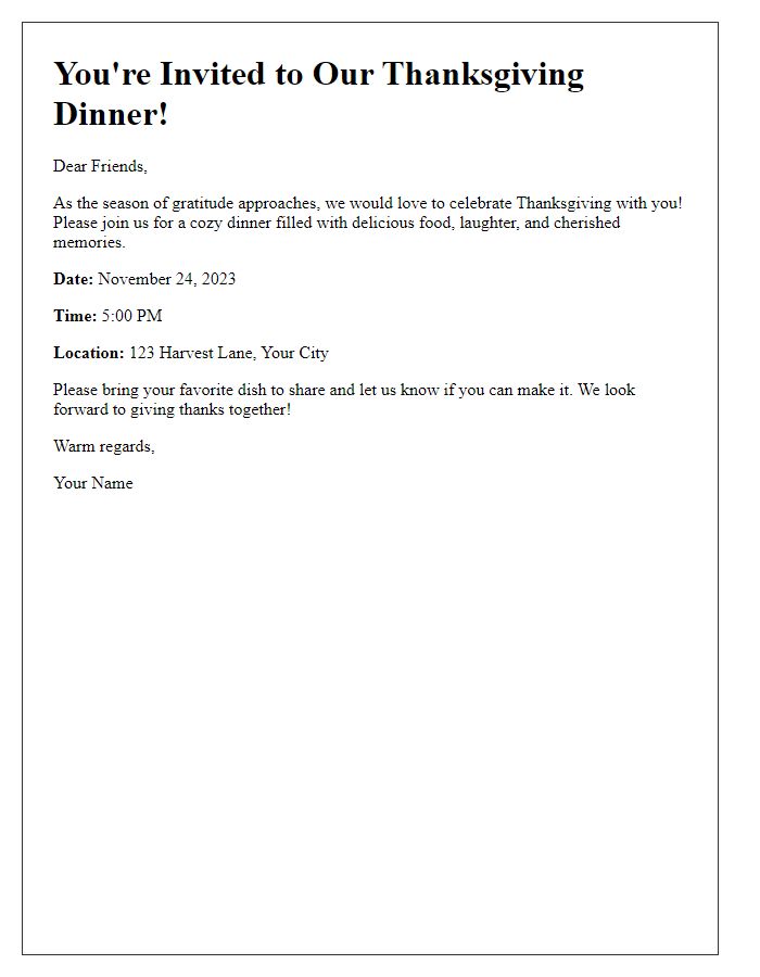 Letter template of Thanksgiving dinner invitation for friends.