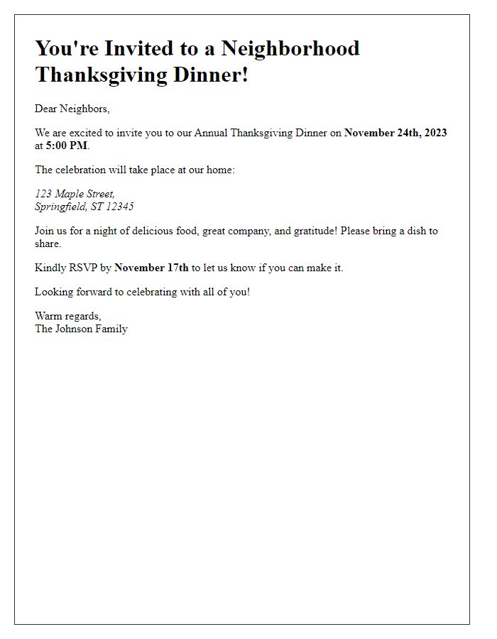 Letter template of Thanksgiving dinner invitation for a neighborhood celebration.