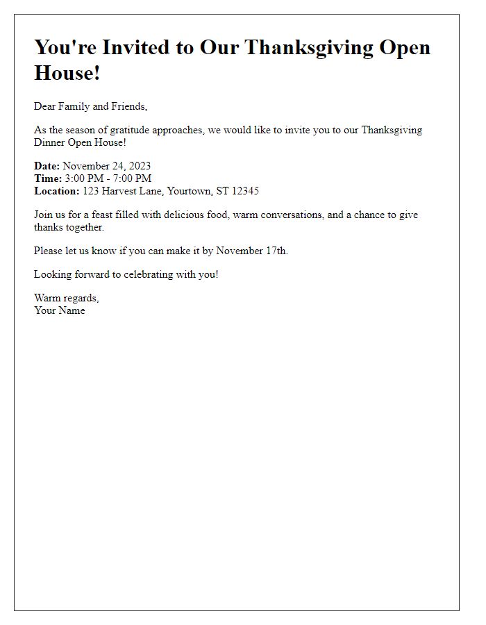 Letter template of Thanksgiving dinner invitation for an open house.