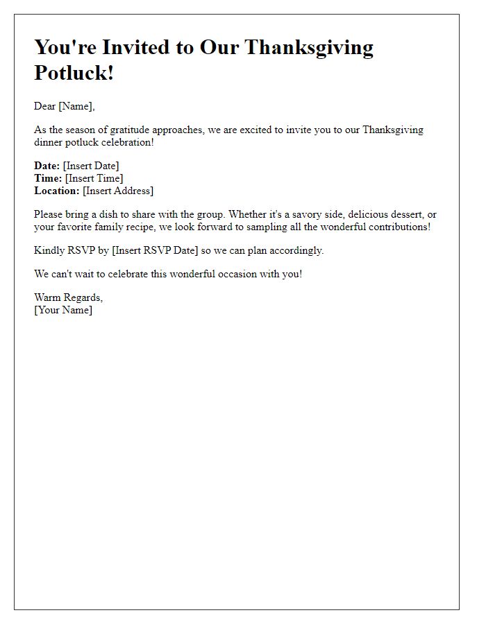 Letter template of Thanksgiving dinner invitation for a potluck celebration.