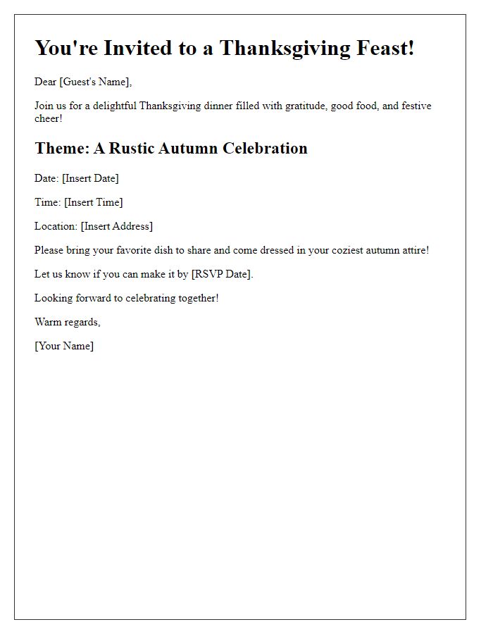 Letter template of Thanksgiving dinner invitation for a themed party.