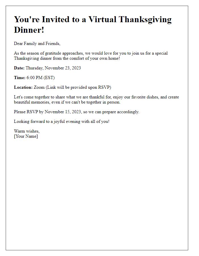 Letter template of Thanksgiving dinner invitation for a virtual gathering.