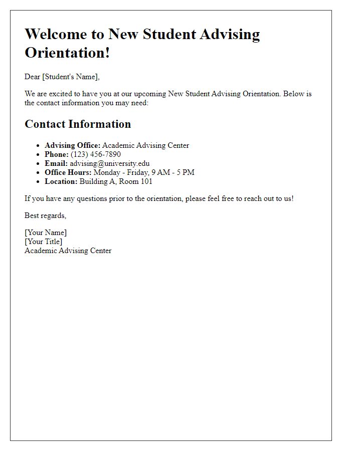 Letter template of contact information for new student advising orientation