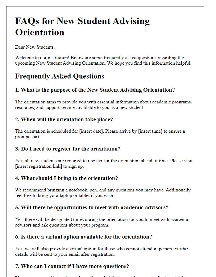 Letter template of FAQs for new student advising orientation