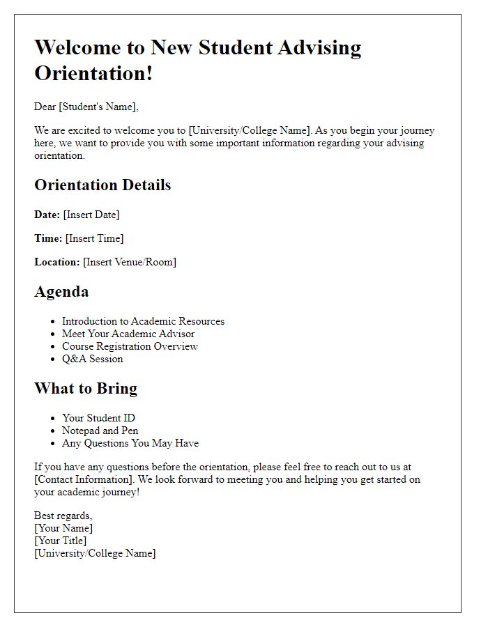 Letter template of important information for new student advising orientation