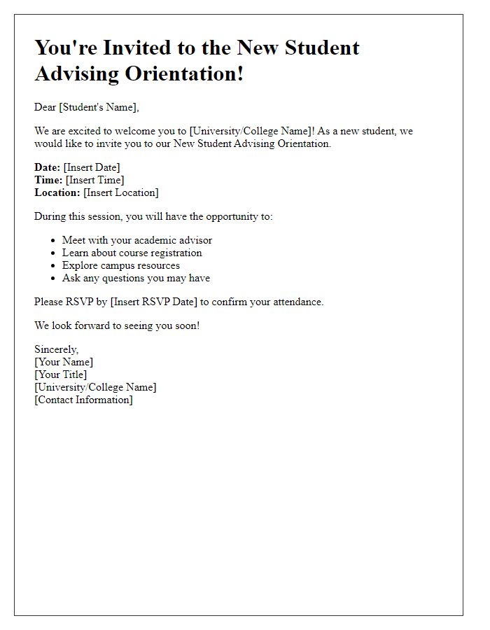 Letter template of invitation to new student advising orientation