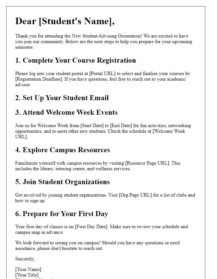 Letter template of next steps post new student advising orientation