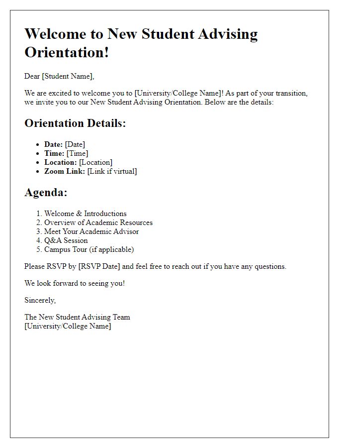 Letter template of program details for new student advising orientation