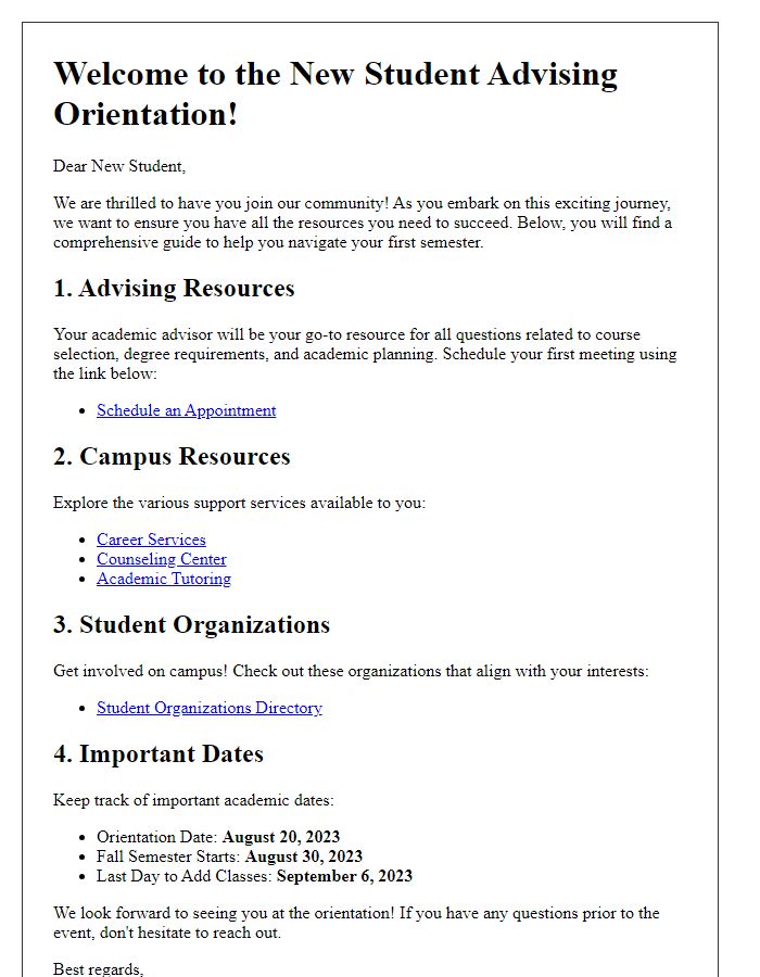 Letter template of resource guide for new student advising orientation