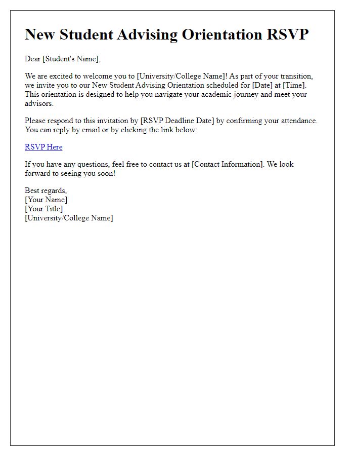 Letter template of RSVP request for new student advising orientation