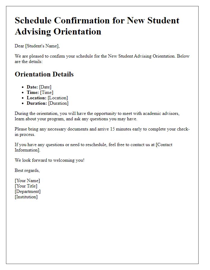 Letter template of schedule confirmation for new student advising orientation