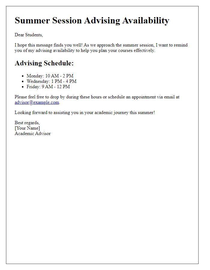 Letter template of summer session advising availability