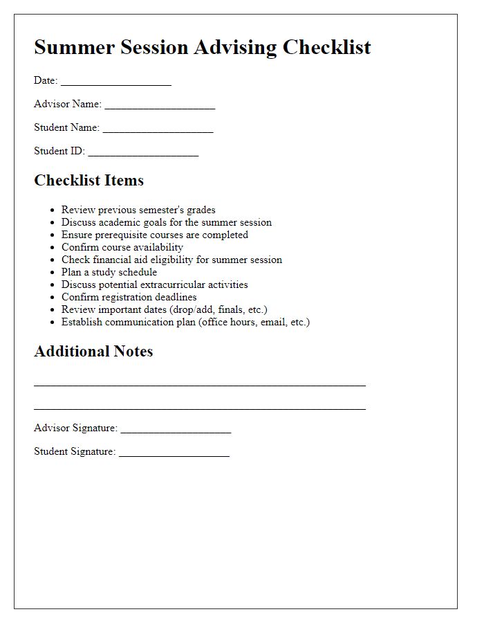 Letter template of summer session advising checklist