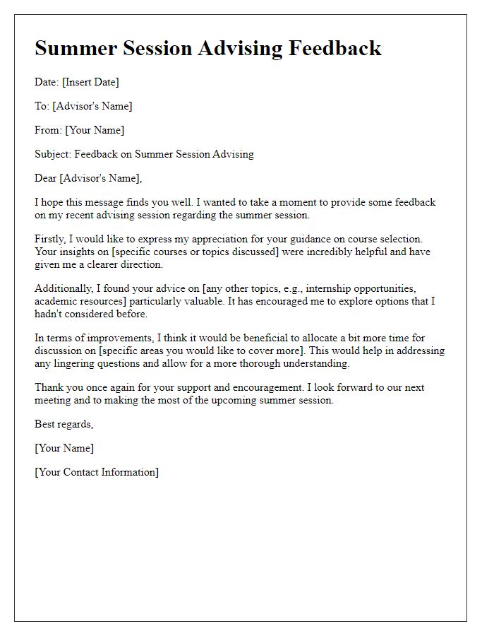 Letter template of summer session advising feedback